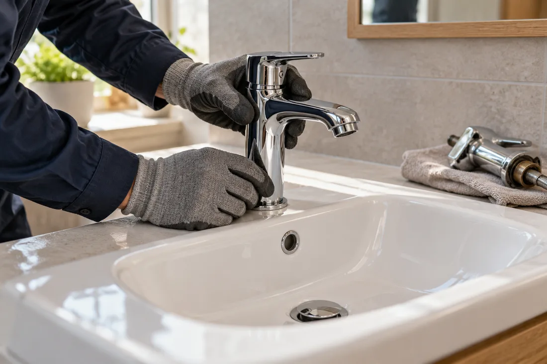 Colocación de un grifo monomando cromado sobre un lavabo de cerámica