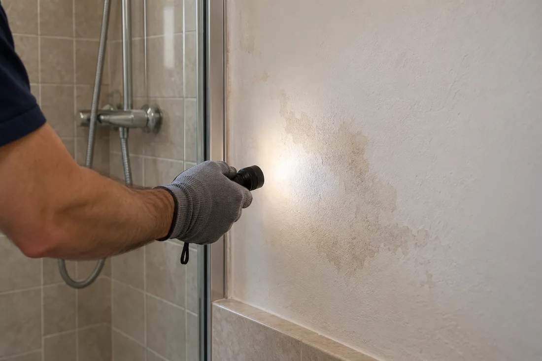 Inspección de una mancha de humedad en la pared de un baño con una linterna